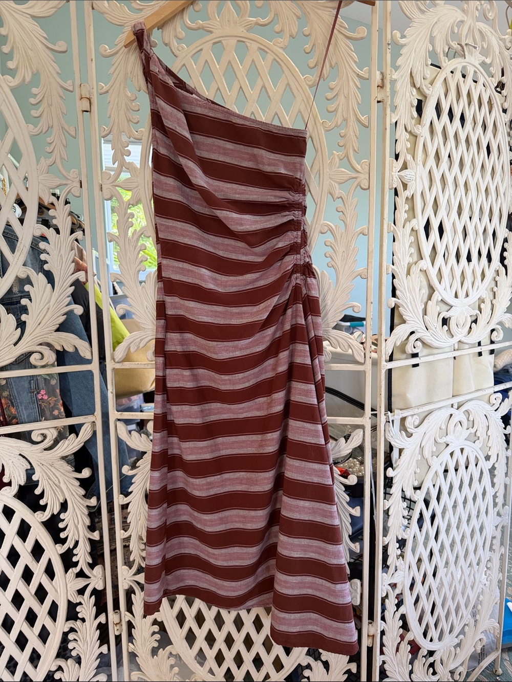 a new day One-Shoulder Striped Midi Dress — Brown and Light Mauve